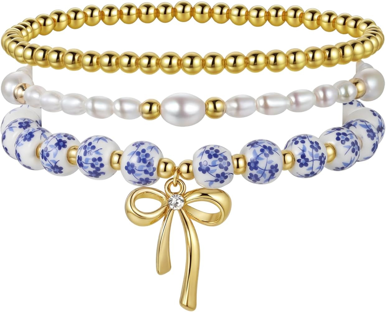 Trendy Gold Bracelets for Women- Bow Charm Stretch Beaded Bracelet, Christmas Romantic Jewelry - ... | Amazon (US)