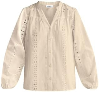 Senllen Womens Button Down Shirts 2026 Eyelet Embroidered Blouses Loose Business Casual Long Slee... | Amazon (US)