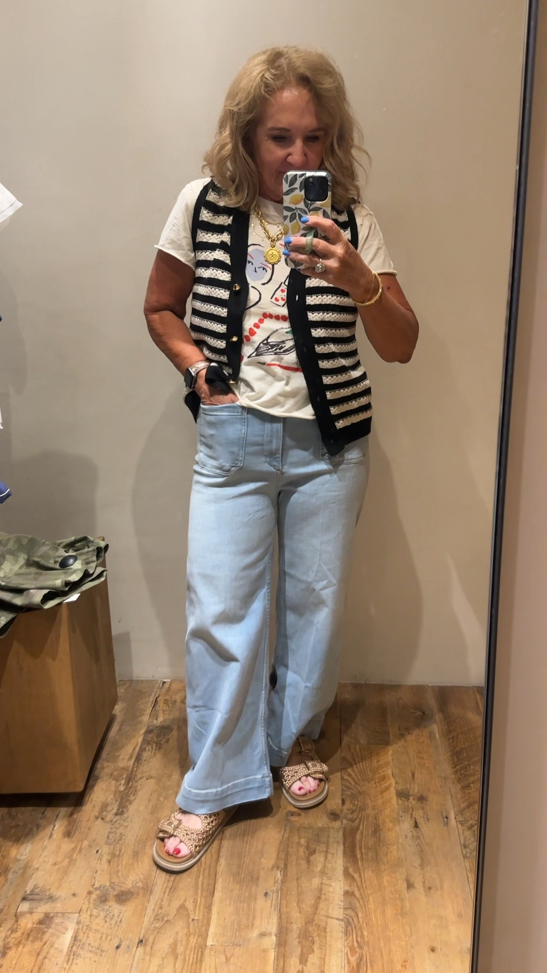 Colette full length light wash jeans size 29 reg 
Graphic tee size medium 
Striped sweater vest size medium 
20% off code SWEET20 until 6/30. Don’t miss the Anthropologie sale 

#LTKPetite #LTKOver40 #LTKSaleAlert