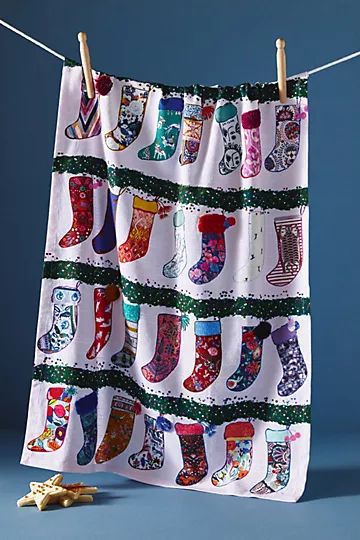Embroidered Festive Stockings Dish Towel | Anthropologie (US)