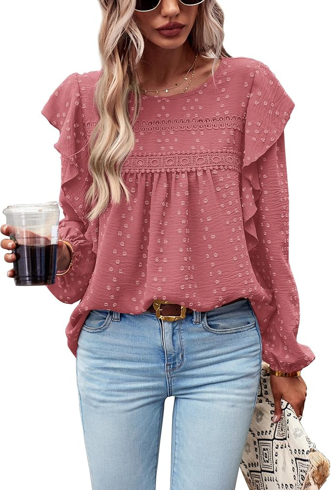 PRETTYGARDEN Women's Long Sleeve Blouses Ruffle Swiss Dot Crochet Loose Fit 2023 Fall Tunic Dress... | Amazon (US)