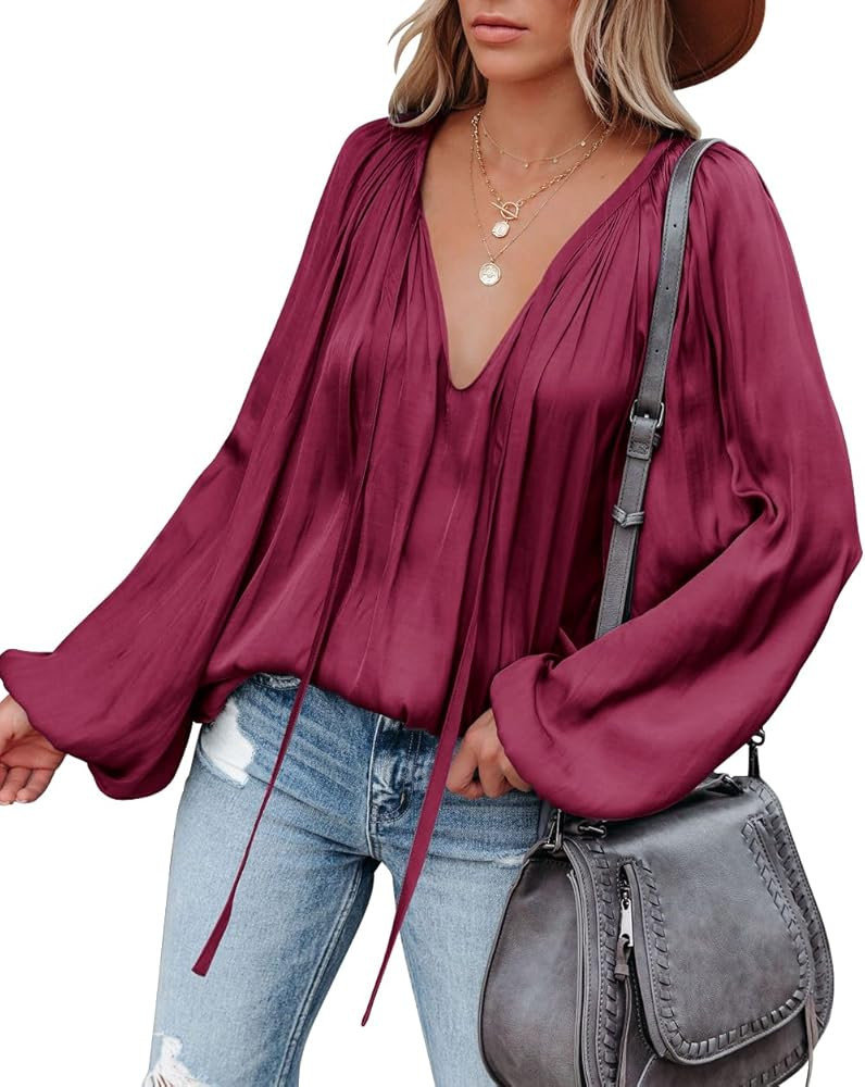 LAMISSCHE Womens Sexy Deep V Neck Blouse Lantern Long Sleeve Chiffon Shirt Oversized Drawstring S... | Amazon (US)