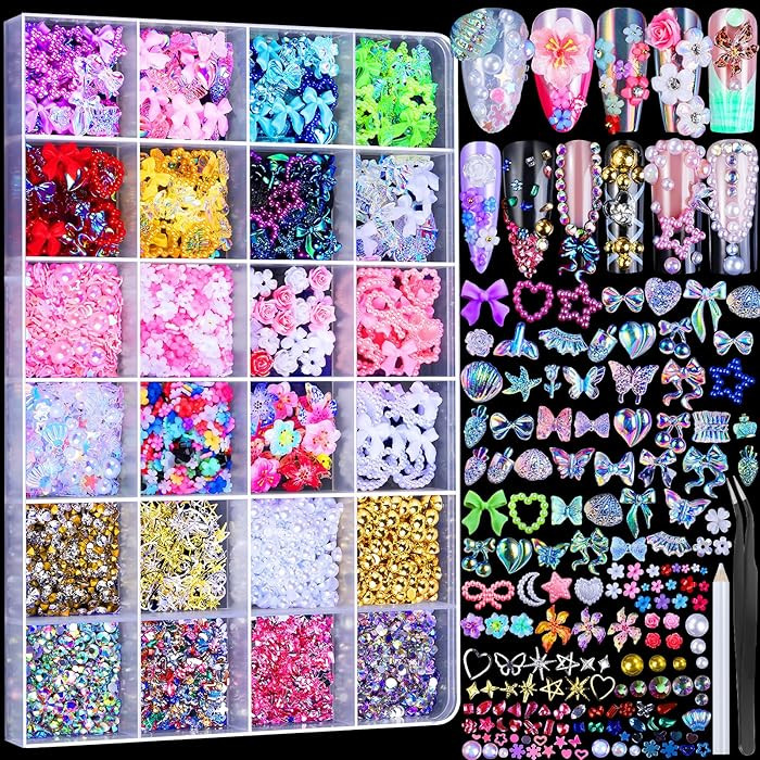 FAMDAMEI 24 Grid Nail Charms, Nail Art Kit with Multi Shapes Nail Charms and Gems, Flatback AB Na... | Amazon (US)