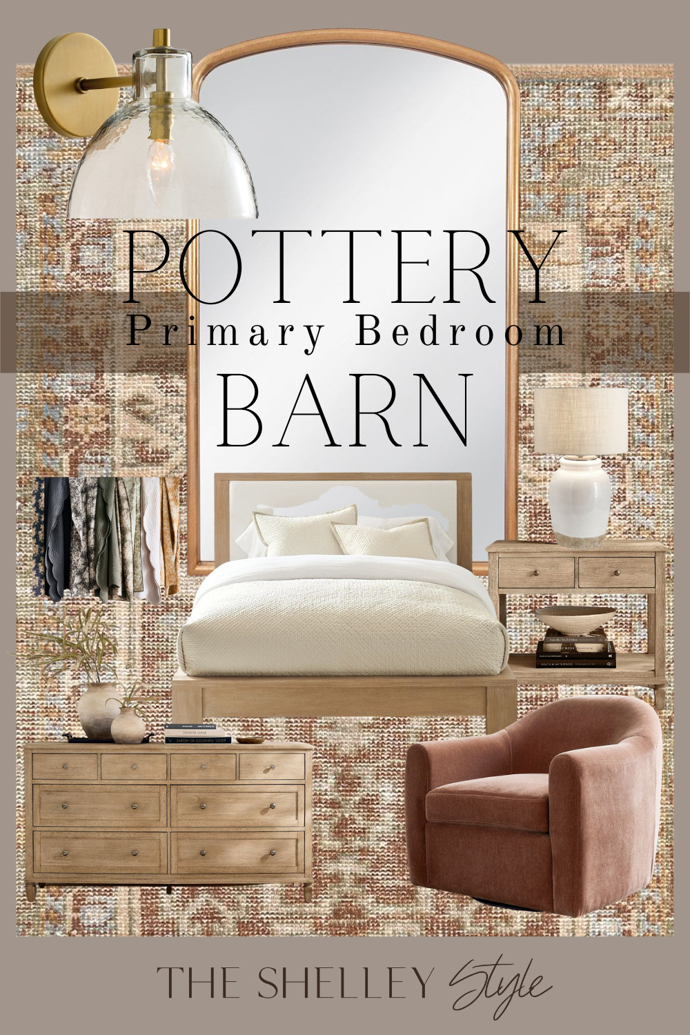 Pottery Barn Primary Bedroom Inspo: Organic Modern Bed, Eight drawer dresser, Nightstand, Lamp, Accent chair, Bedding, Lighting, Rug, Mirror.
 

 #LTKHome #LTKStyleTip