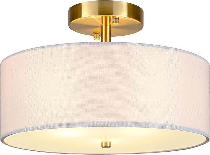 13" Semi Flush Mount Ceiling Light Fixture, 3 Light Gold Drum Light Fixtures with White Fabric Sh... | Amazon (US)