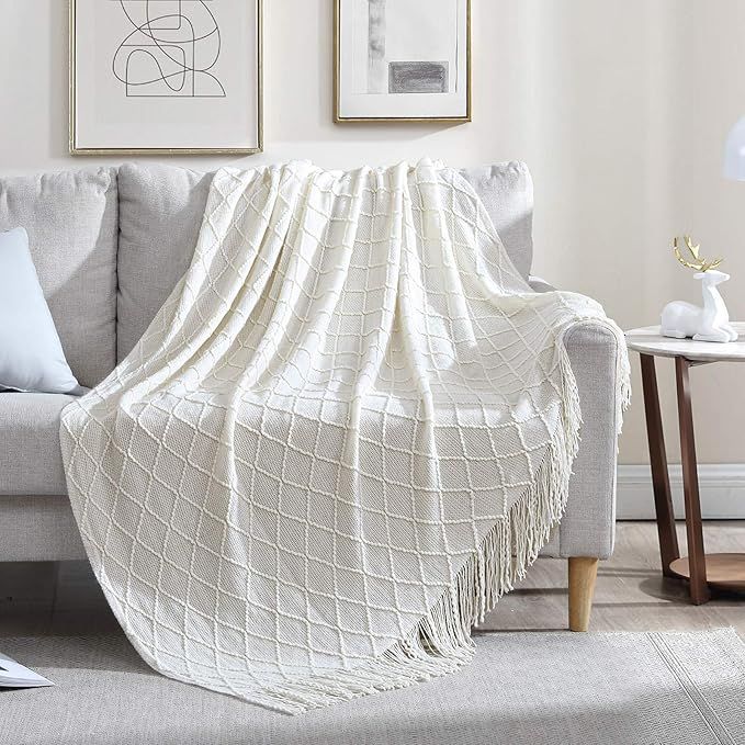 Walensee Throw Blanket for Couch, 50 x 60 White, Acrylic Knit Woven Summer Blanket, Lightweight D... | Amazon (US)