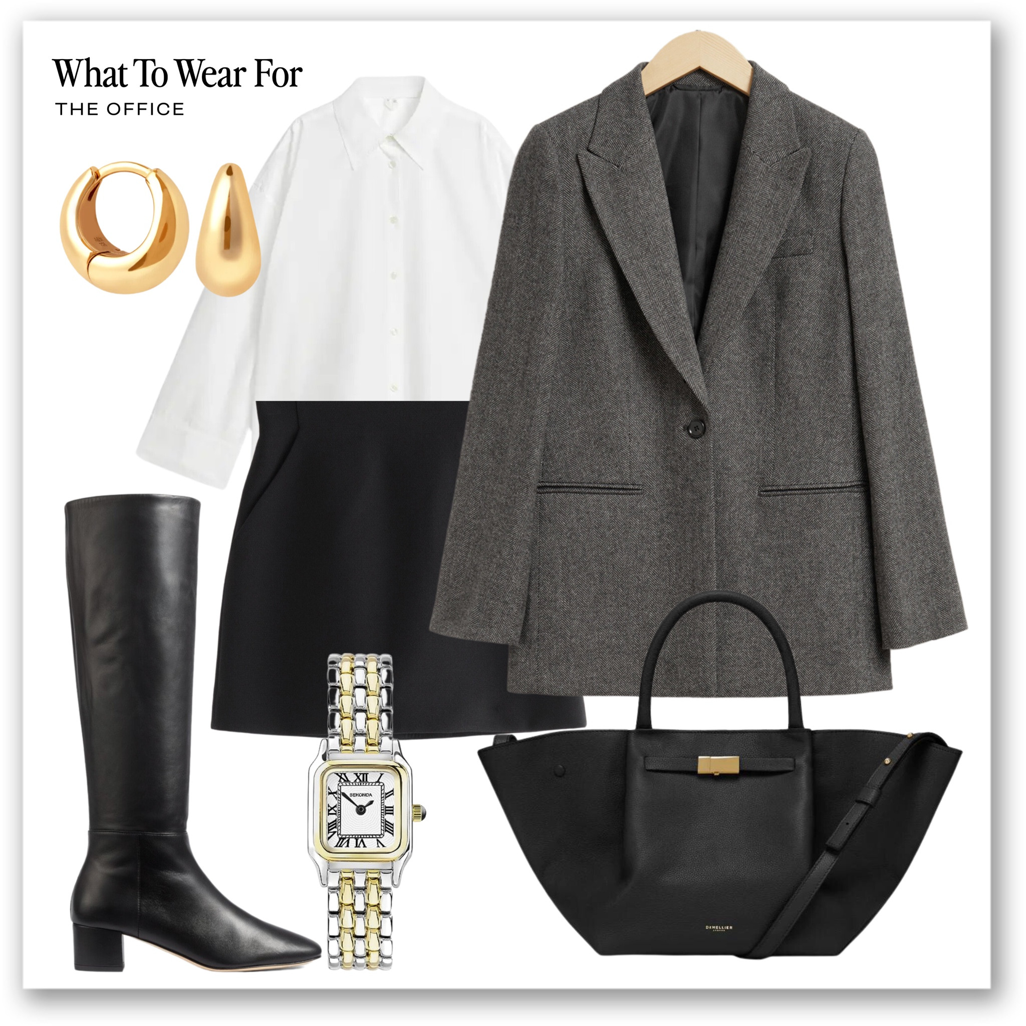 Styling knee high boots for autumn 🍂 

Workwear, the office, mini skirt, & other stories, white shirt, arket, grey blazer, demellier tote bag, Amazon fashion, watch 

#LTKstyletip #LTKworkwear #LTKSeasonal