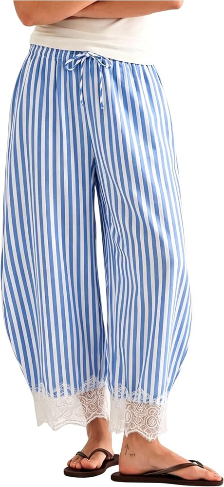 MINSURE Women's Striped Lace-Hem Capri Pants Casual Summer Wide Leg Cropped Palazzo Trousers with... | Amazon (US)