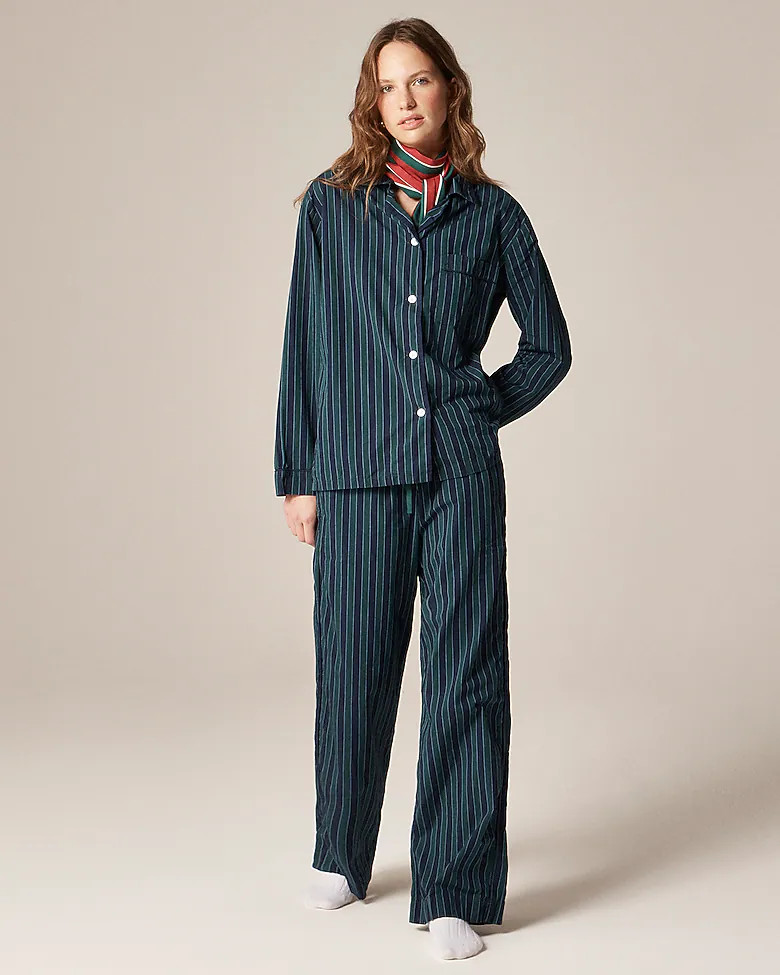 Cotton poplin long-sleeve pajama pant set in peppermint stripe | J. Crew US
