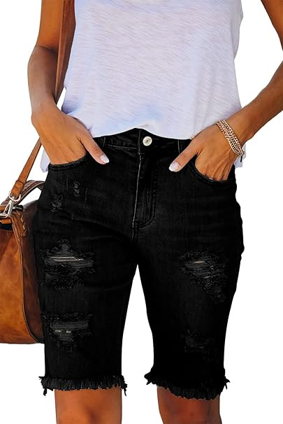 Metietila Women's Ripped Mid-Rise Denim Bermuda Shorts Frayed Raw Hem Stretch Jean Shorts | Amazon (US)