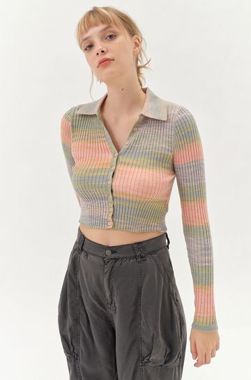 UO Skylar Ribbed Button-Front Cropped Sweater | Urban Outfitters (US and RoW)