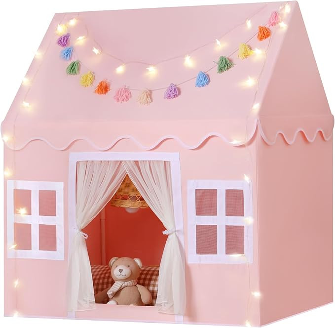 Kids Play Tent Indoor: with Mat, Tassel Garland, Star Lights - Pink Girl Tent Playhouse for Toddl... | Amazon (US)