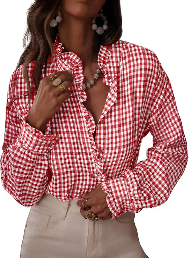 Astylish Womens Plaid Ruffle V Neck Button Down Blouse Casual Long Sleeve Gingham Trendy Tops Wor... | Amazon (US)