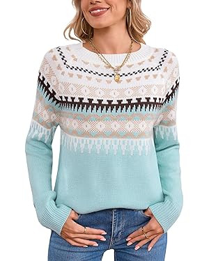 Alsol Lamesa Women's Fair Isle Sweater Casual Crewneck Long Sleeve Lightweight Vintage Knit Jumpe... | Amazon (US)