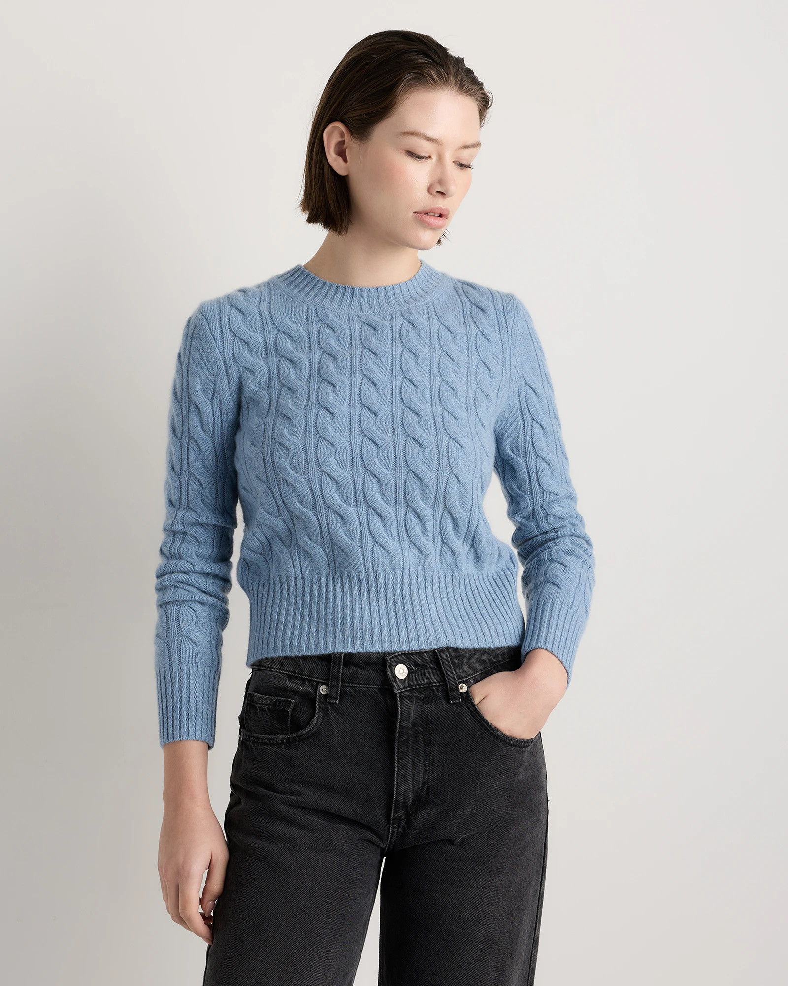 Mongolian Cashmere Shrunken Cable Crewneck Sweater in Faded Denim | Quince