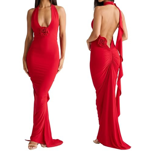 Women Sexy Backless Dress Halter Deep V Neck Detachable Flower Sleeveless Open Back Maxi Dress Co... | Amazon (US)