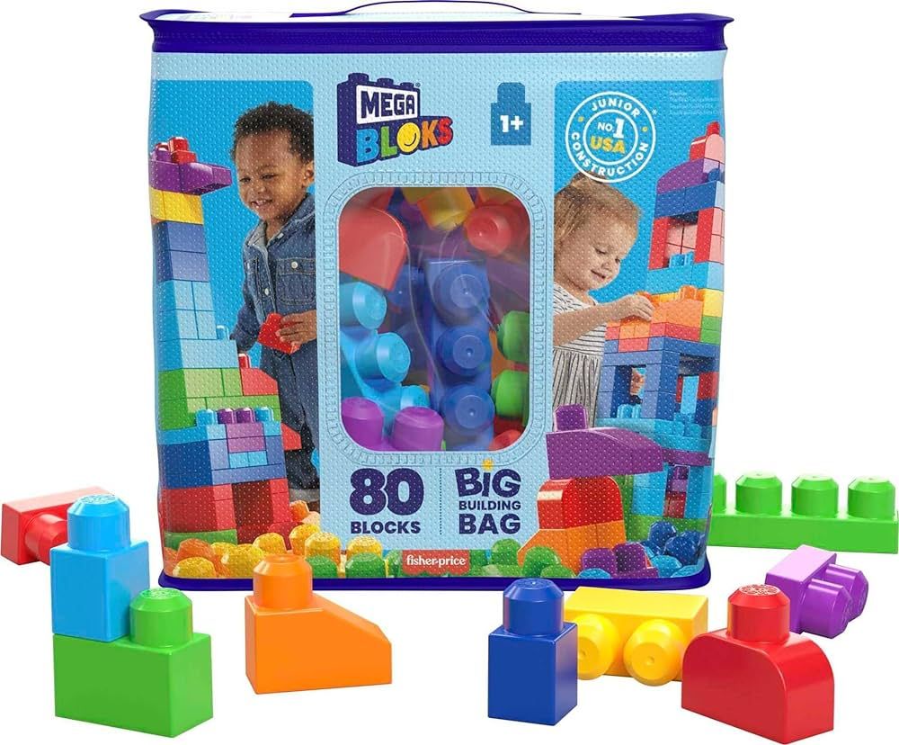 MEGA BLOKS Fisher Price Toddler Block Toys, Big Building Bag with 80 Pieces and Storage Bag, Blue... | Amazon (US)