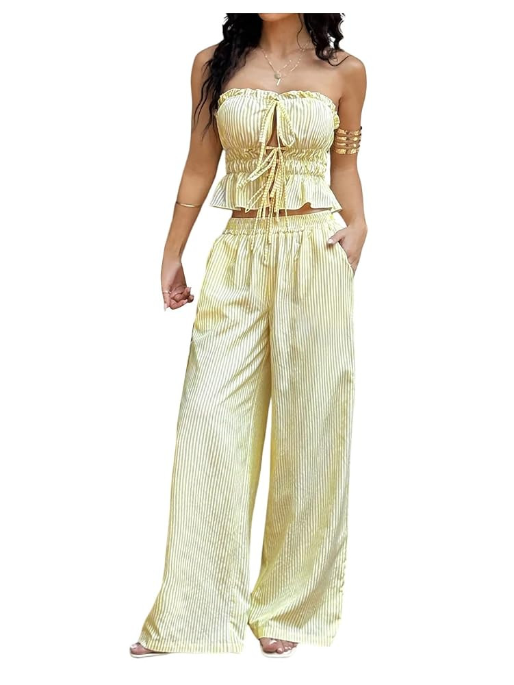 WDIRARA Women's Striped 2 Piece Pants Set Strapless Tie Bandeau Wide Leg Pants Outfits | Amazon (US)
