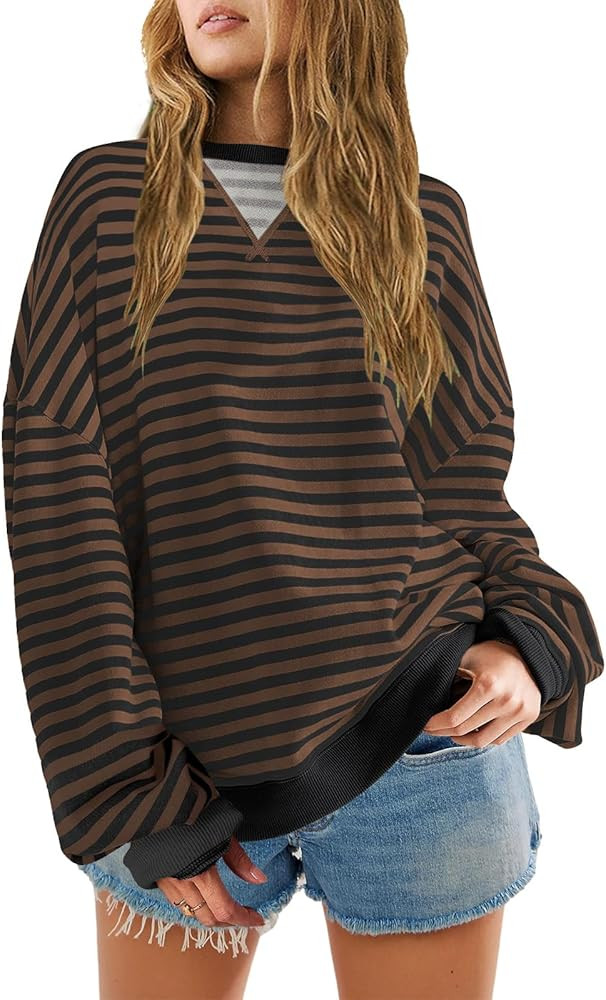 SENSERISE Womens Oversized Classic Striped Crewneck Sweatshirts Long Sleeve Color Block Shirts Ca... | Amazon (US)