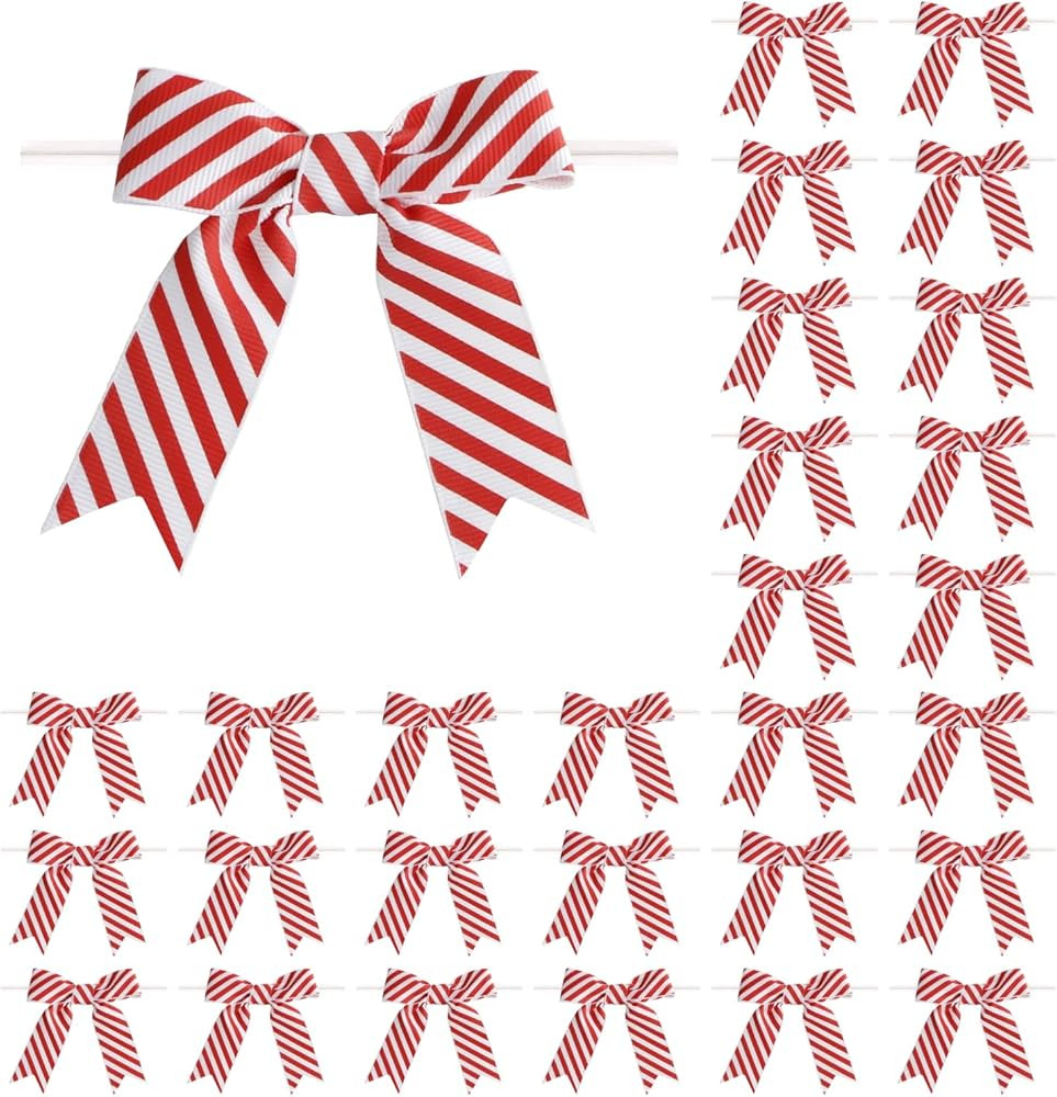 30 Pcs 3 Inches Mini Twist Tie Red Striped Printed Grosgrain Ribbon Bow Smal Bows for Applique Embellishment Crafts Sewing Scrapbook Baby Shower Wedding Christmas Girls Dress Hair | Amazon (US)