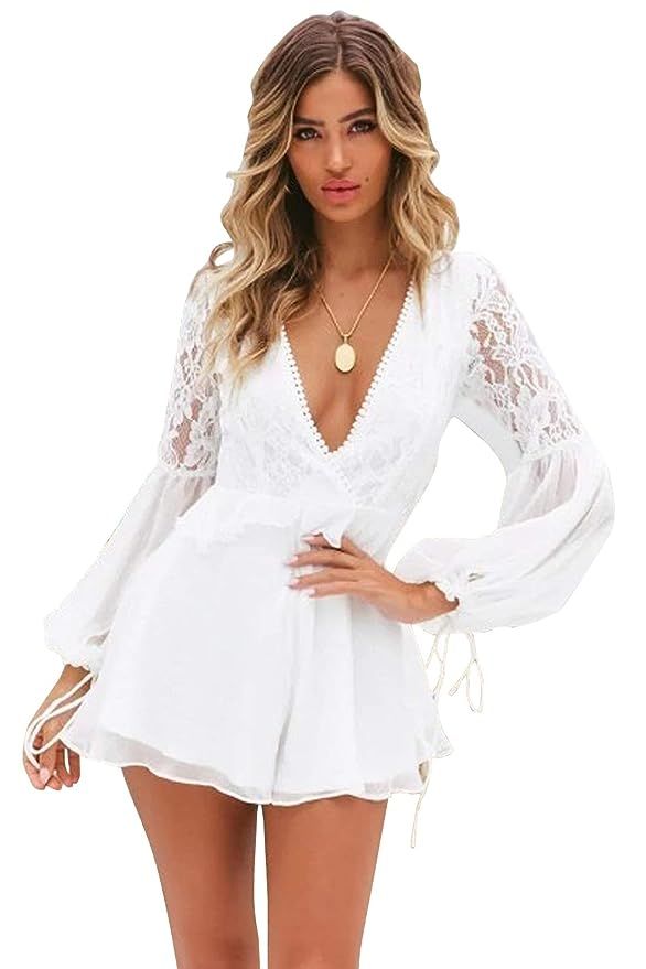 ebossy Women's Deep V Neck Puff Long Sleeve Backless Floral Lace Short Jumpsuit Rompers | Amazon (US)