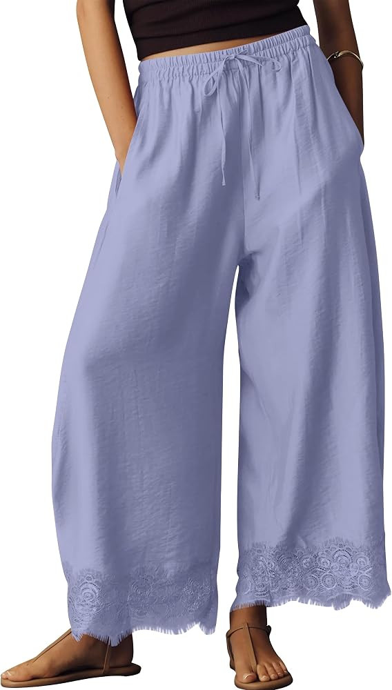 Womens Lace Trim Wide Leg Pants 2026 Summer Cropped Lace-Hem Pants Casual Outfits with Pockets | Amazon (US)