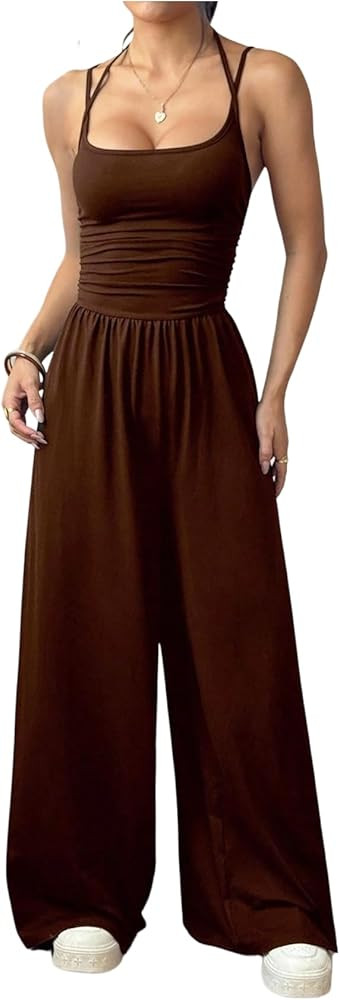 Floerns Women's Summer Jumpsuit Spaghetti Strap One Piece Outfit Wide Leg Baggy Pants Romper | Amazon (US)