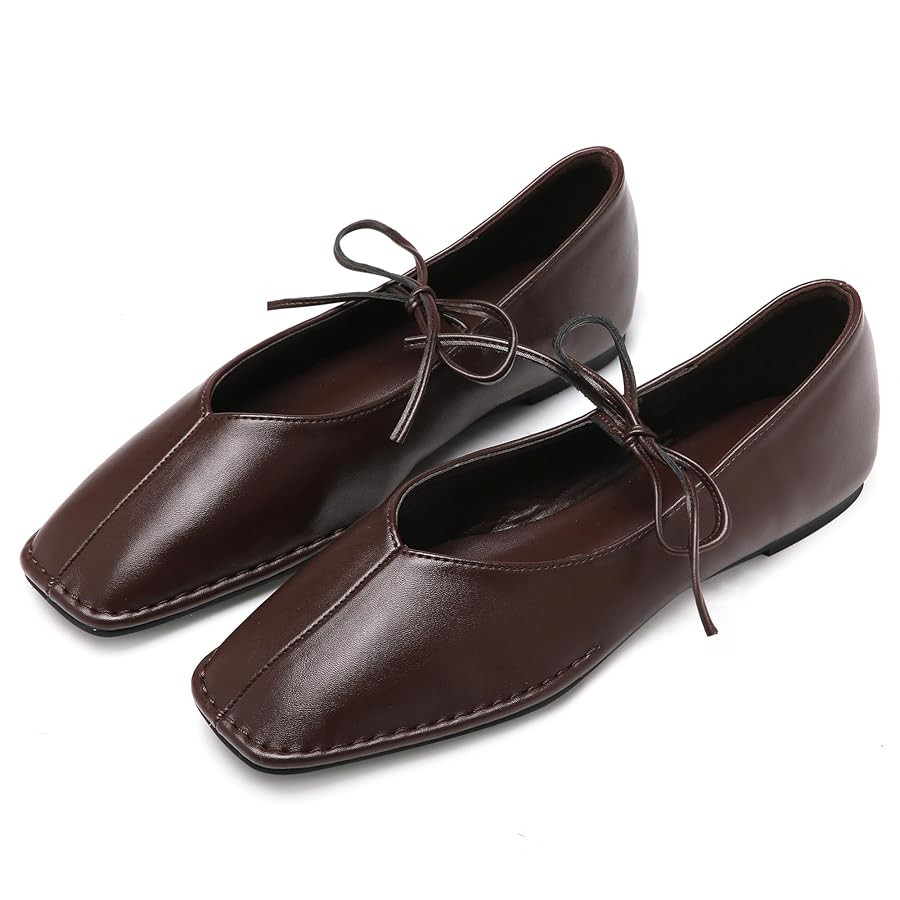 Lace Up Square Toe Ballet Flats for Women Cute Bow Slip On Mary Jane Flats Casual Ballerina Shoes | Amazon (US)