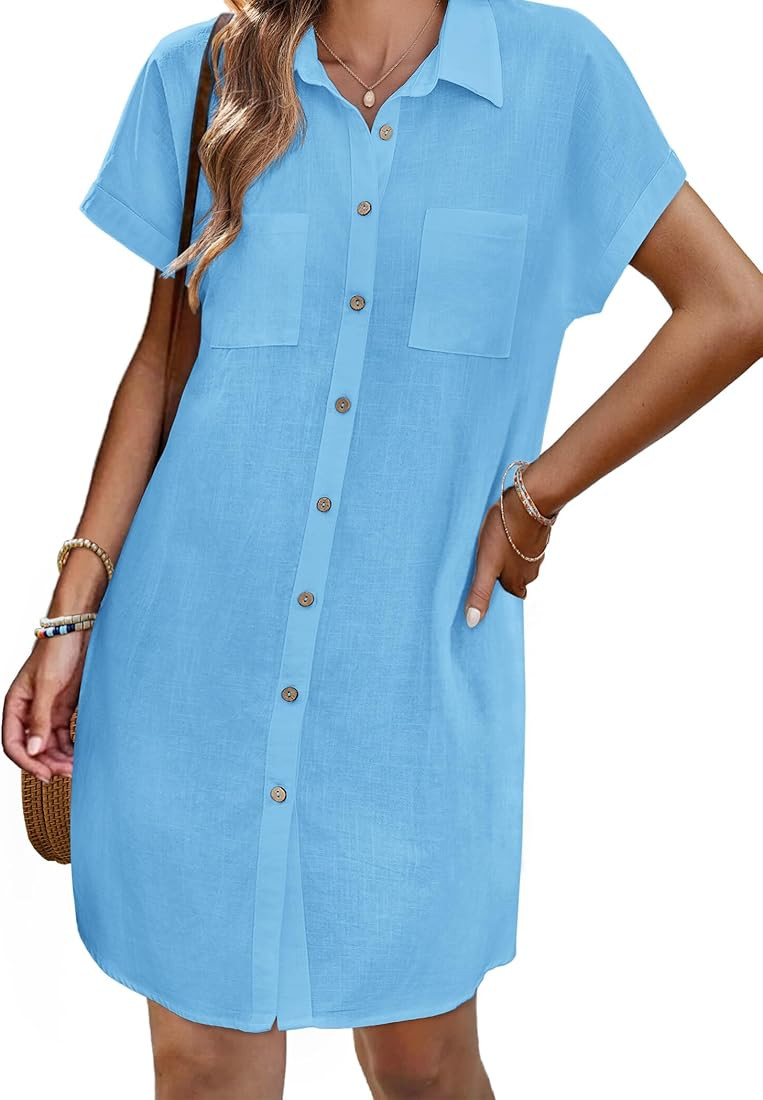 Zeagoo Womens Button Down Shirt Dress Summer Cotton Linen Dress V-Neck Mini Dress Casual Short Sl... | Amazon (US)
