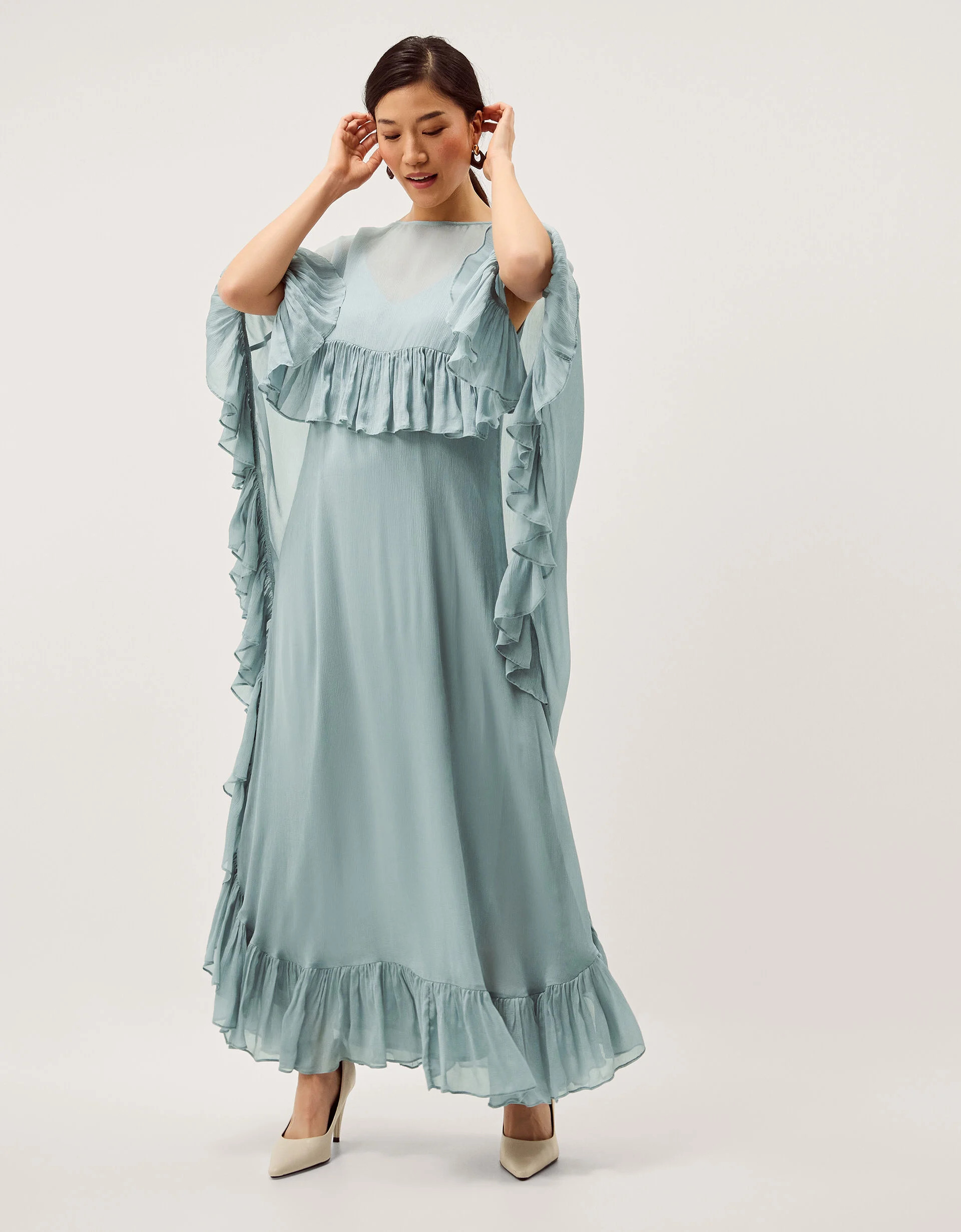 Jodie Ruffle Cape Chiffon Maxi Dress Blue | Monsoon (UK)