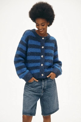 FRNCH Crew-Neck Stripe Bouclé Cardigan Sweater | Anthropologie (US)