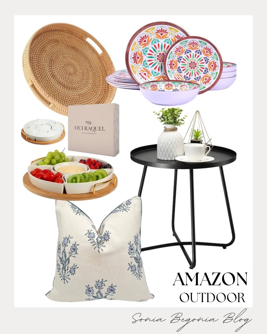 Get your patio ready for hosting with these beautiful Amazon outdoor entertaining finds! This vibrant, patterned dinnerware set brings the perfect pop of color, while the large round woven tray adds instant texture.

I paired them with a sleek black side table, an elegant floral pillow, and a practical segmented serving platter for snacks.

#LTKhome #AmazonHome #OutdoorDecor #PatioStyling #SummerHosting #EntertainingIdeas #OutdoorLiving #HomeDecor #SoniaBegoniaBlog

#LTKHome #LTKSeasonal