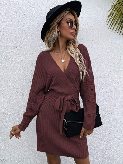 Surplice Neck Drop Shoulder Belted Sweater Dress | SHEIN