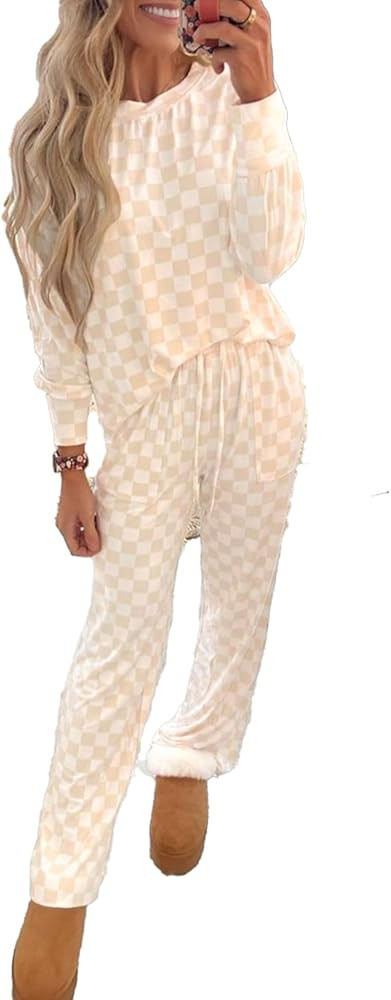 KevaMolly Womens Plaid Pajama Sets Checkered Print Long Sleeve Lace-up Loose Fit Lounge Set Long ... | Amazon (US)