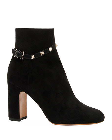 Valentino Garavani Rockstud Suede Block-Heel Booties | Neiman Marcus