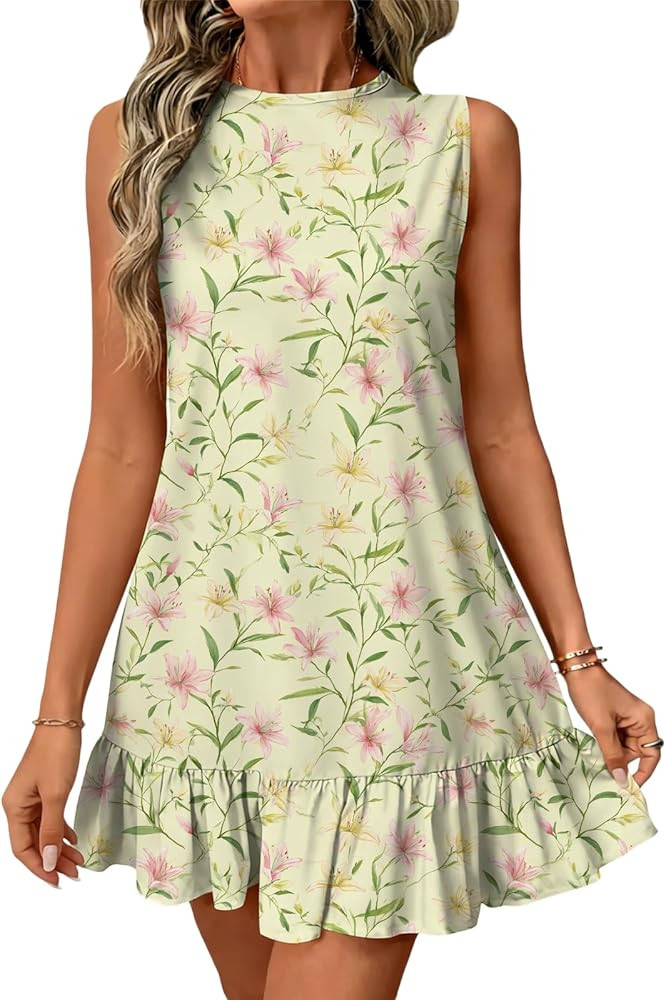 Womens Boho Dress Cute All-Over Print Sleeveless Ruffled Mini Dresses Slim Fit Summer Sundress (S... | Amazon (US)