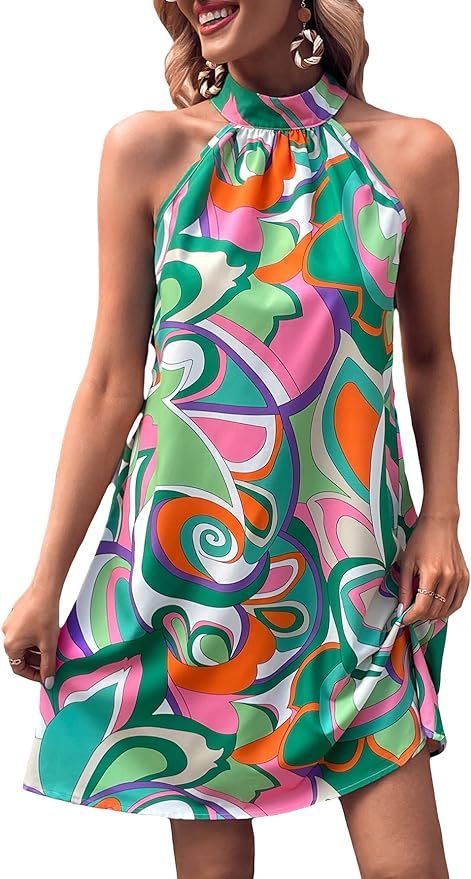 SOLY HUX Women's Allover Print Halter Sleeveless Tunic Short Dress Summer Dresses | Amazon (US)