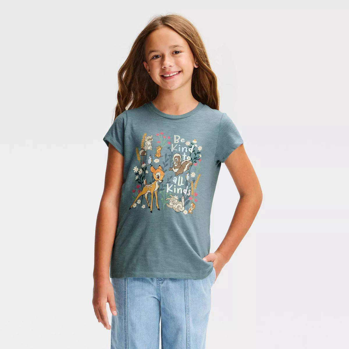 Girls' Disney Bambi "Be Kind" Short Sleeve Graphic T-Shirt - Sage Green M | Target