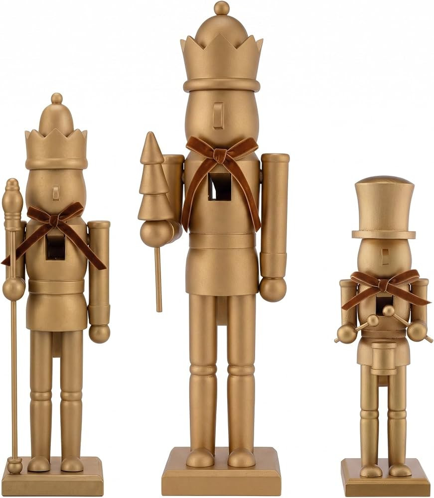 Weysat 3 Pcs Neutral Christmas Nutcracker Figure 10" 12" 15" Gold Wooden | Amazon (US)