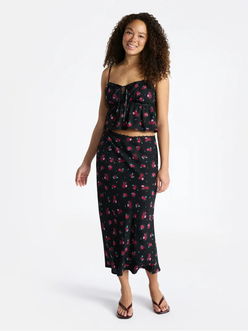 No Boundaries Satin Trim Cami and Maxi Skirt Set, 2-Piece, Women’s | Walmart (US)