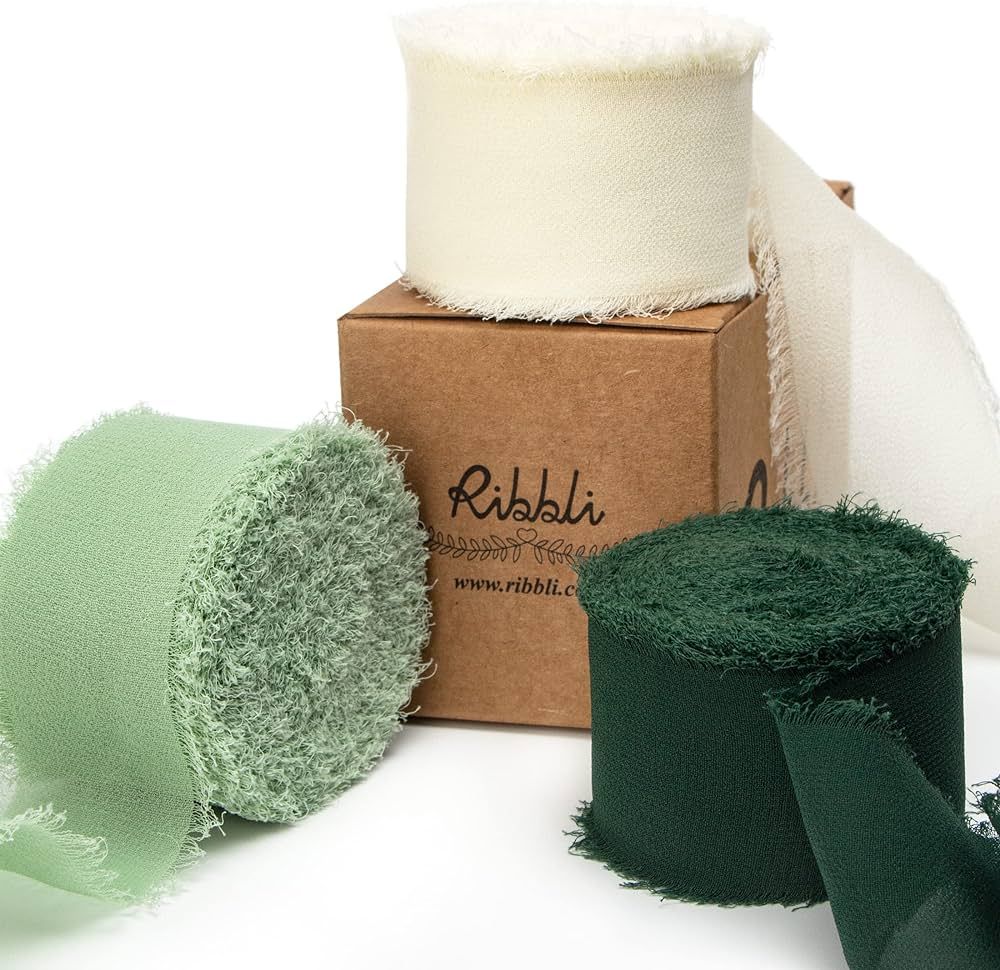 Ribbli Green Chiffon Ribbon1.5 inch x 30 Yard Handmade Silk Ribbon for Wrapping,Ivory Sage Forest... | Amazon (US)