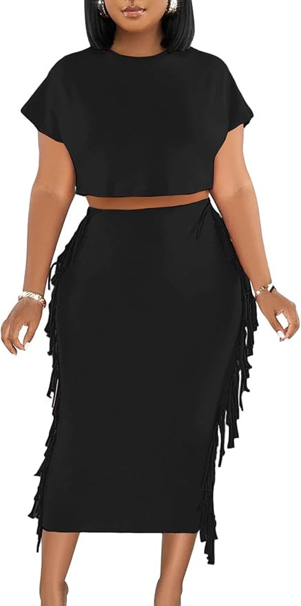 LYANER Women's 2 Piece Outfits Crew Neck Fringe Short Sleeve Crop Top and Tassel Trim Bodycon Mid... | Amazon (US)