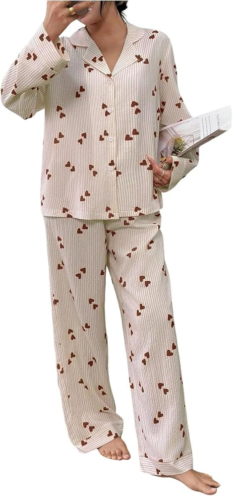 Verdusa Women's 2 Piece Heart Striped Pajama Set Collared Button Up Shirts with Pants Fall Lounge... | Amazon (US)