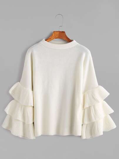 White Layered Ruffle Sleeve Pullover Sweater | SHEIN