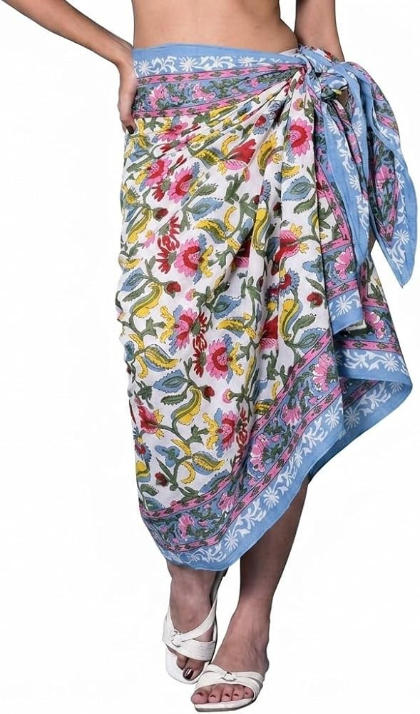 100% Cotton Hand Block Print Pareo Sarong Swimsuit Wrap Skirt Cover Up Long Women\u2019s Apparel ... | Amazon (US)