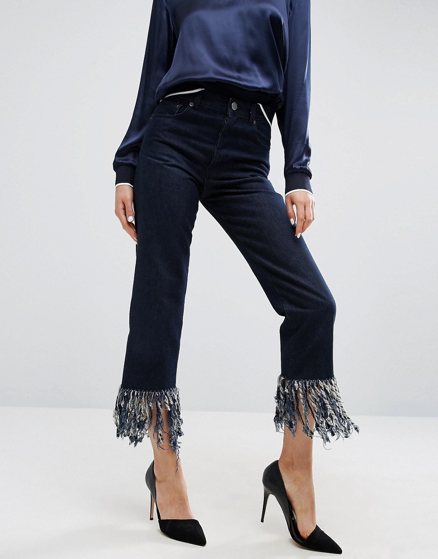 ASOS Authentic Straight Leg Jeans in James Wash with Fringe Hem - Blue | ASOS US