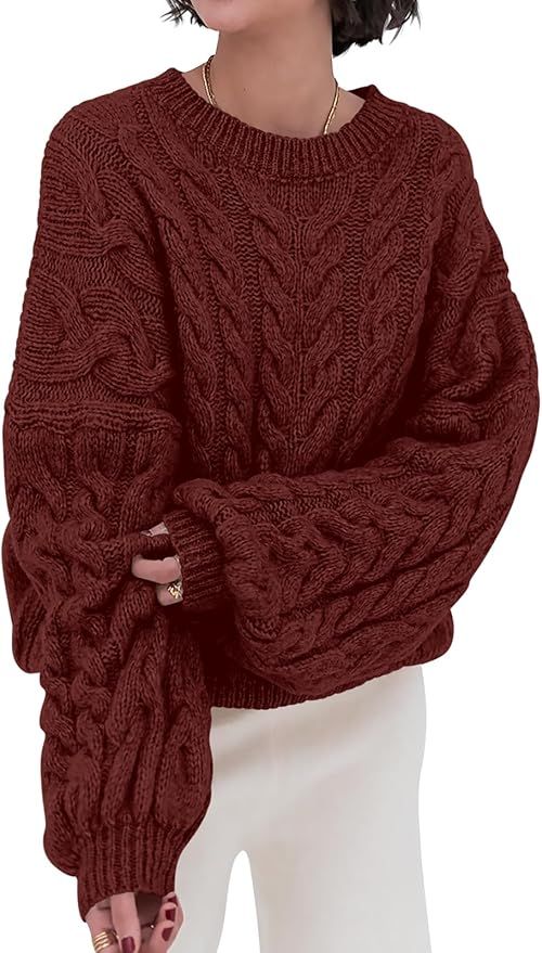 PRETTYGARDEN Womens Sweaters Fall 2024 Cable Knit Long Sleeve Crewneck Oversized Sweater Chunky P... | Amazon (US)