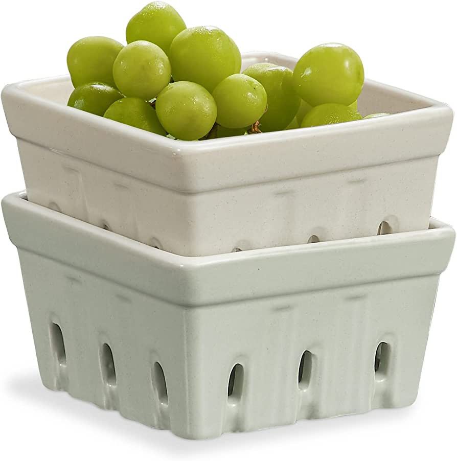 ONEMORE Ceramic Berry Basket, Square Fruit Bowls, Rustic Stoneware Berry Colander Set of 2, Gray ... | Amazon (US)