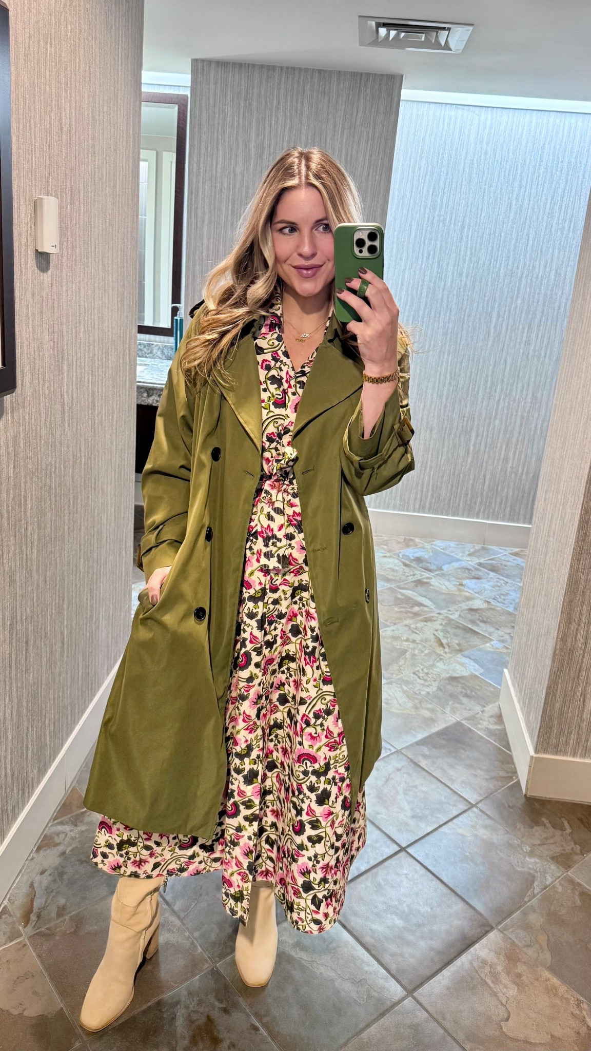 work outfit: green trench coat, floral shirt dress, beige boots

#LTKStyleTip #LTKWorkwear