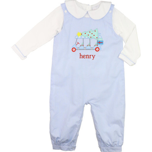 Blue Gingham Christmas Golf Cart Long Romper Set | Cecil and Lou